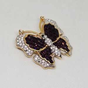 Purple Rhinestone Butterfly Brooch Gold Tone Crystal Statement Pin